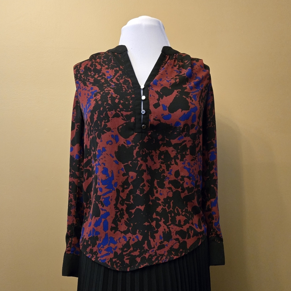 Red and Black Patterned V-Neck Long-Sleeve Kelly Reneé Blouse